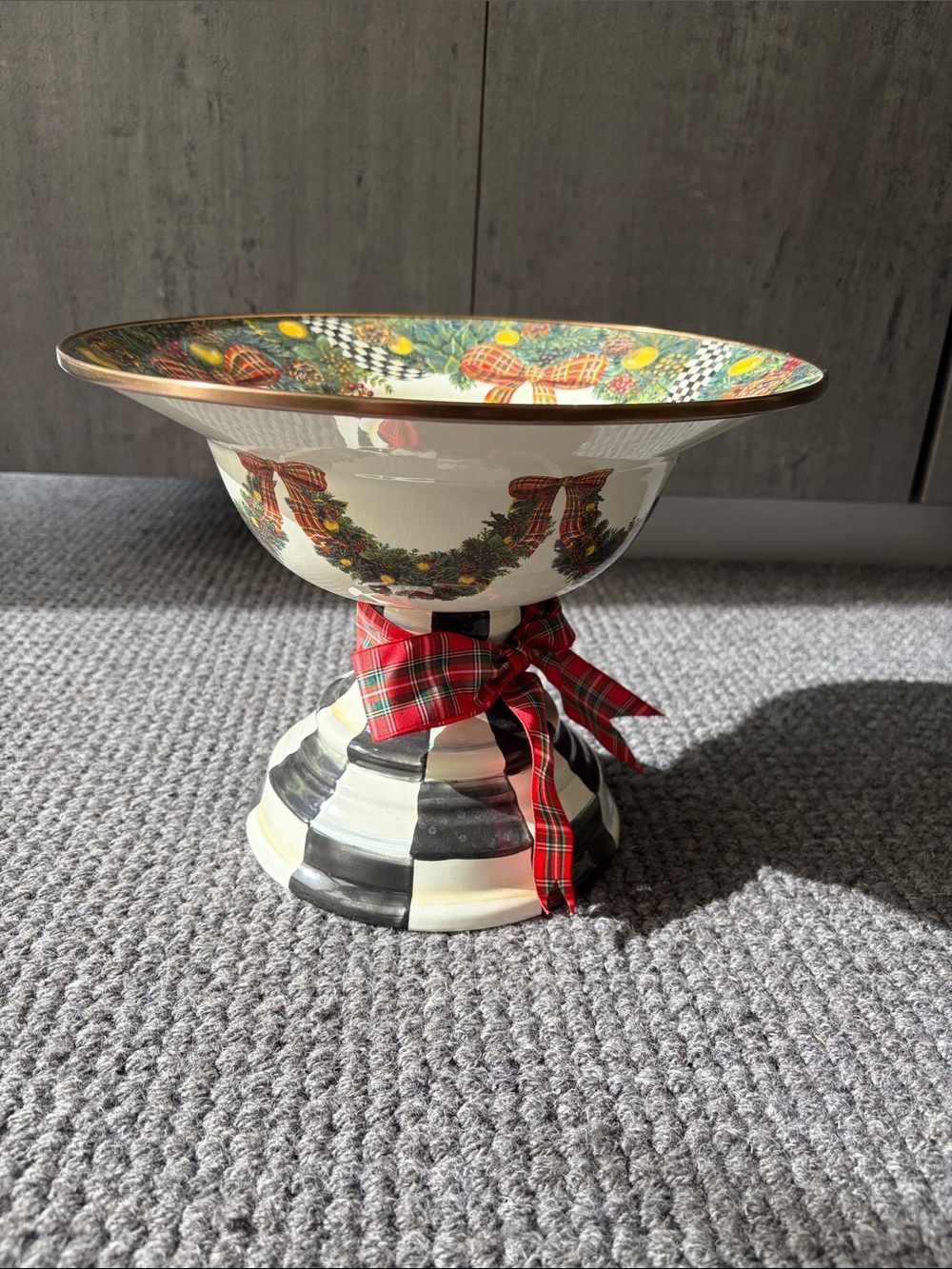 MacKenzie Child- Festive Holiday Compote Bowl with Plaid Bow - Multicolor